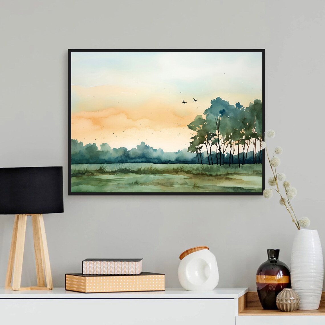 Abstract Sunrise Forest Watercolor Landscape Art Print - Image 3