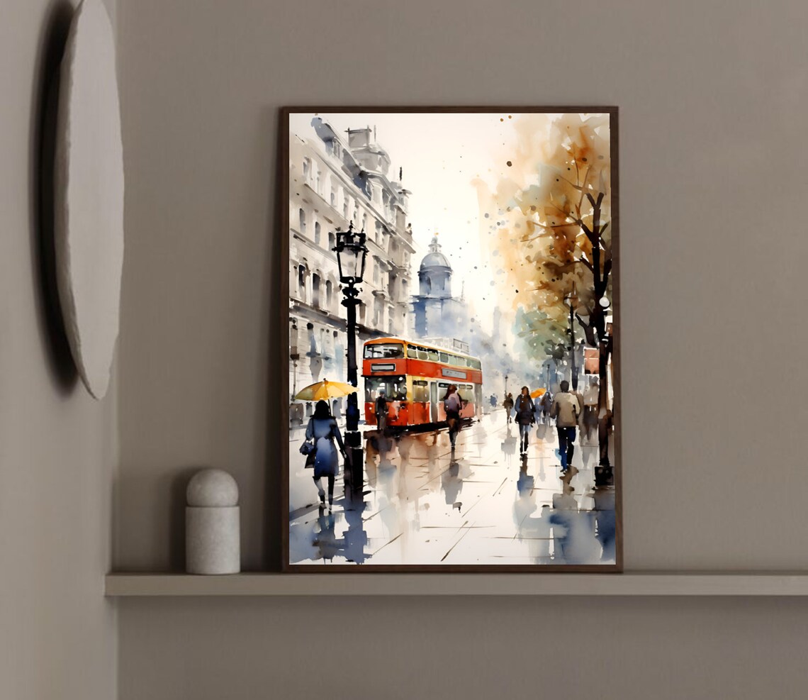 London Rainy Street Red Bus City Watercolor Travel Art Poster - Image 2