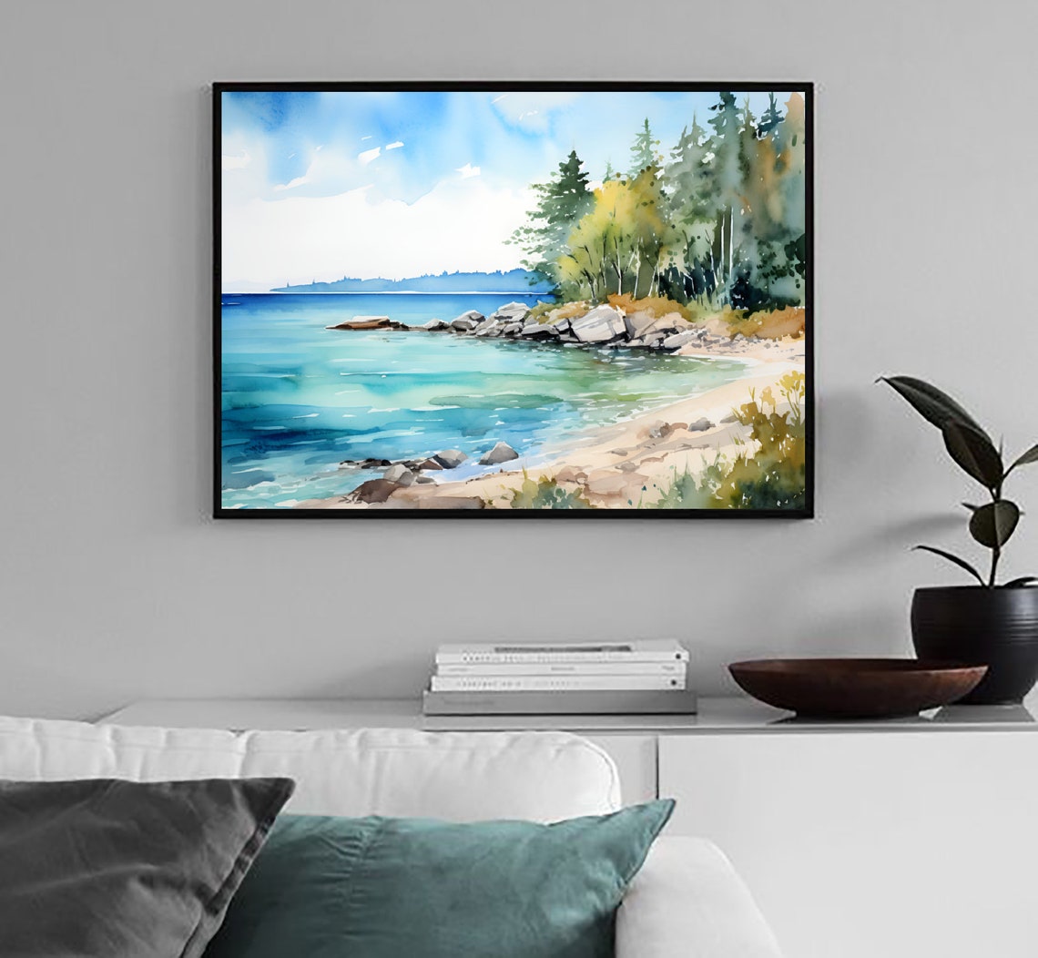 Sandy Cove Turquoise Water Pine Rocks Peaceful Bay Watercolor Poster - Image 4