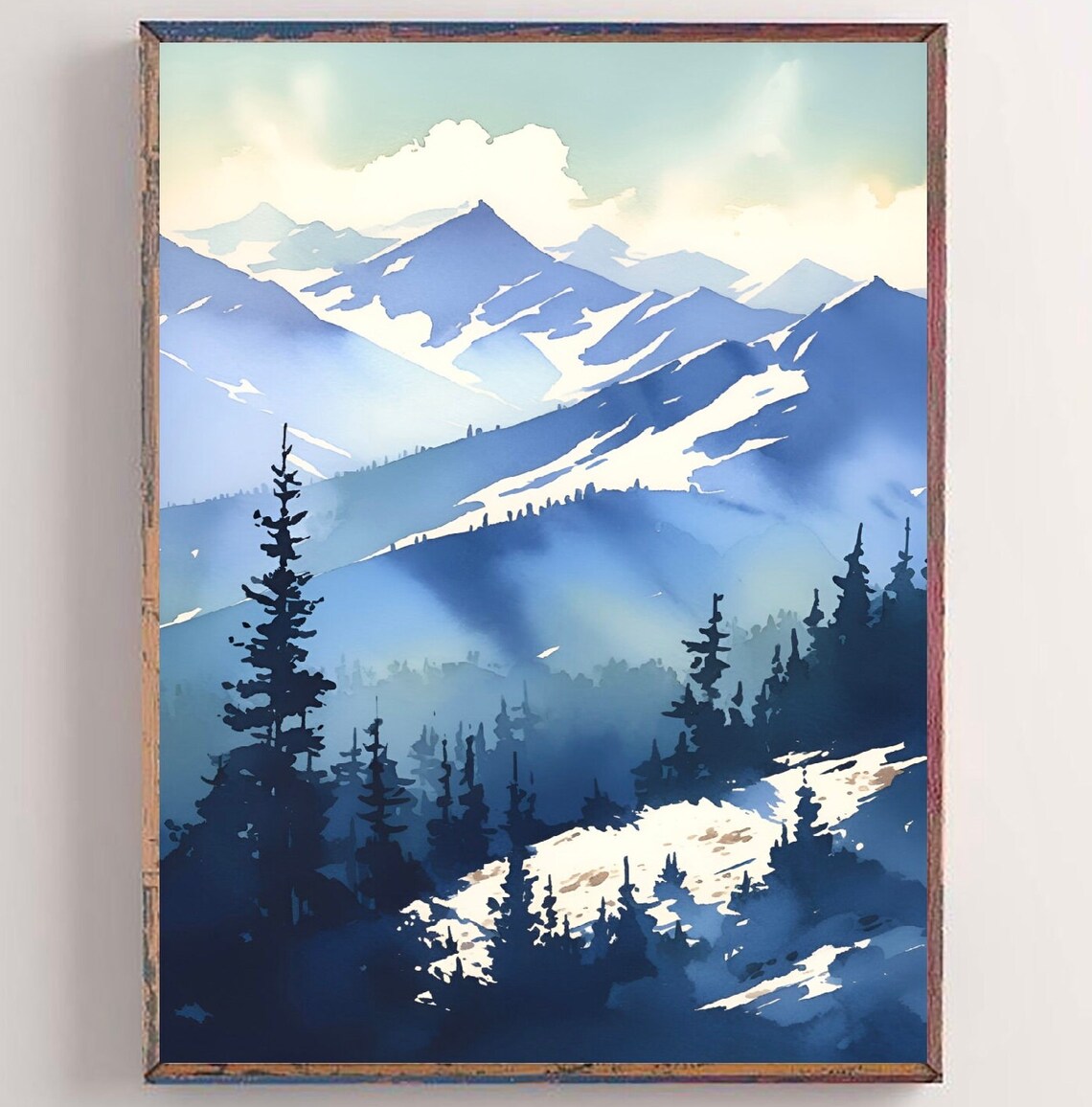 Cascade Range Mountains Watercolor Art Print, Oregon