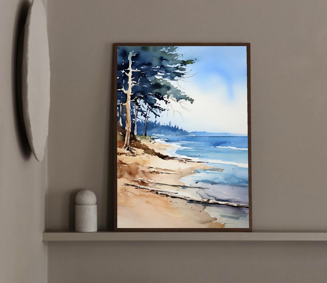 Sandy Pine Beach Ocean Waves Tall Trees Coastal Watercolor Art Poster - Image 2