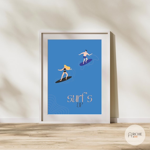 Surf Wall Art Surfs Up Surfer Illustration Minimalist Coastal Poster Summer Print Ocean Wave
