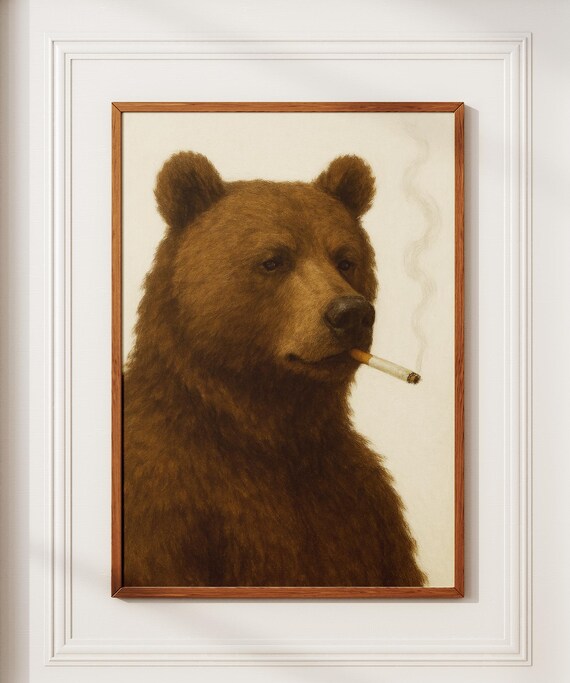 Brown Bear Smoking a Cigarette Cream Background Funny Cabin Poster