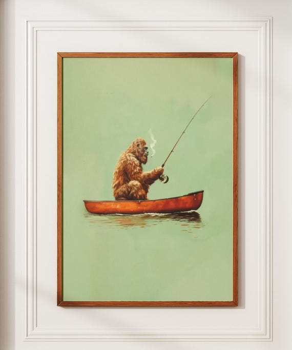 Bigfoot Fishing In Canoe Vintage Poster Art Funny Retro Sasquatch Print Cabin Wall Decor Outdoor Sports Fisherman Illustration Gift For Dad