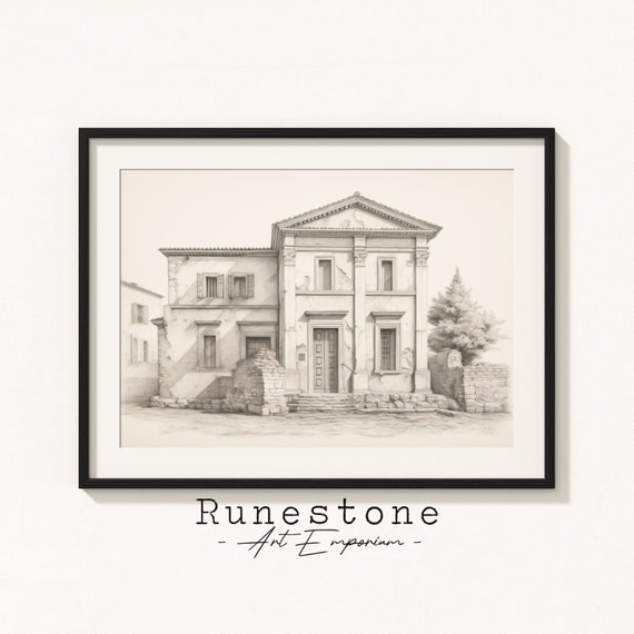 Classical Villa Home Architecture Sketch Minimal Wall Art Historic Etching Pencil Drawing Neutral Print