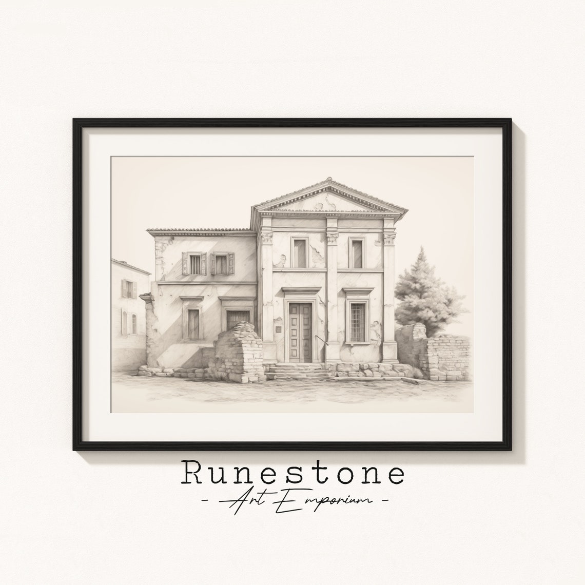 Classical Villa Architecture Sketch Historic Building Pencil Wall Art