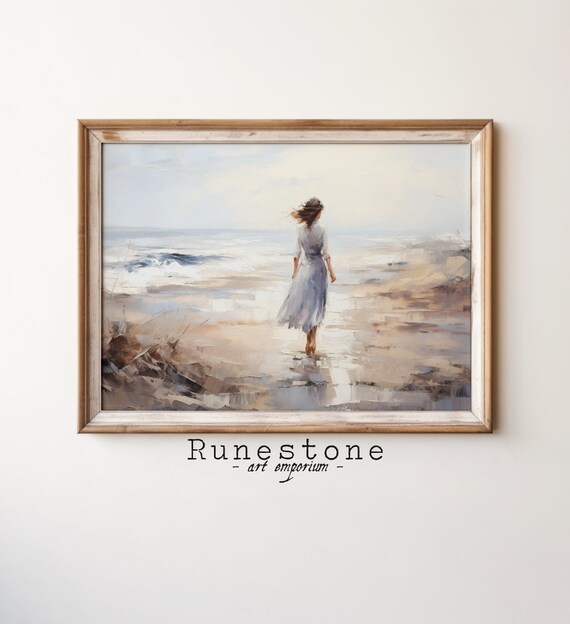 Woman Walking Beach Ocean Waves Flowing Dress Serene Coastal Painting Poster