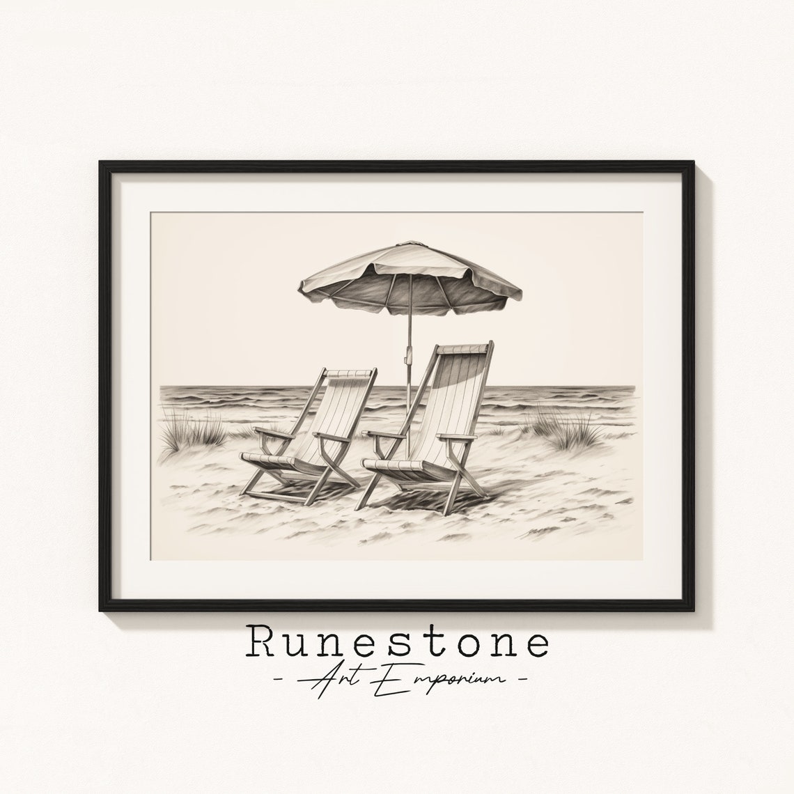 Beach Chairs Umbrella Sepia Coastal Sketch Minimal Shoreline Poster