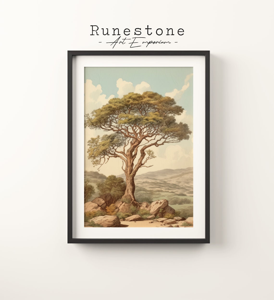 Vintage Acacia Tree Savanna Rocky Hill Soft Sky Nature Poster