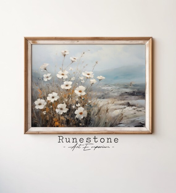 White Cosmos Flowers Coastal Field Soft Morning Light Art Poster