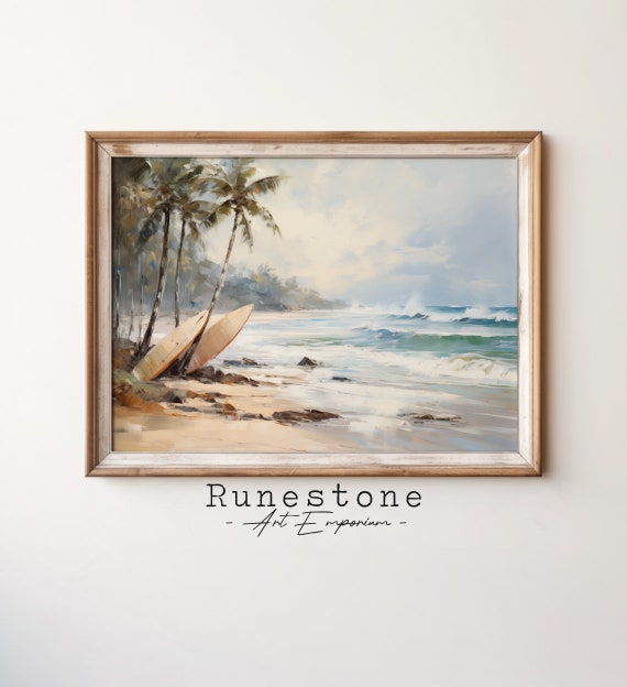 Surfboards By The Sea Vintage Oil Painting Art Surfing Ocean Wall Beach