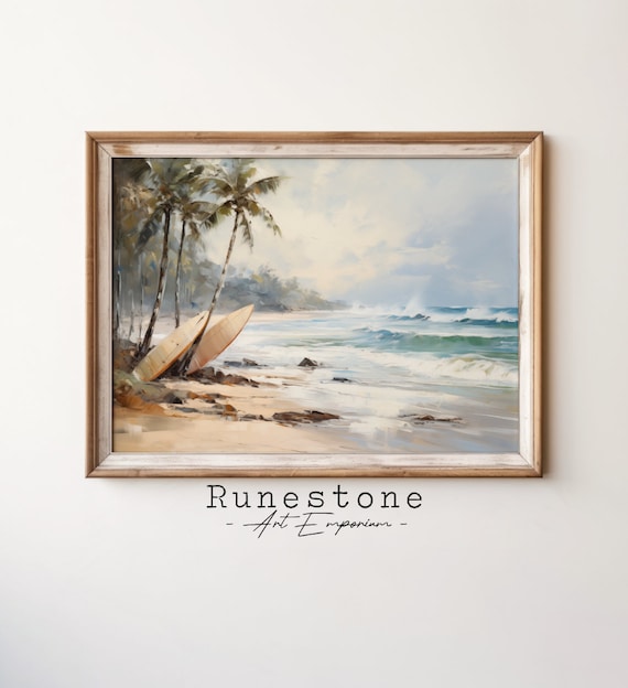 Surfboards Under Palm Trees Vintage Coastal Surfing Oil Painting Poster