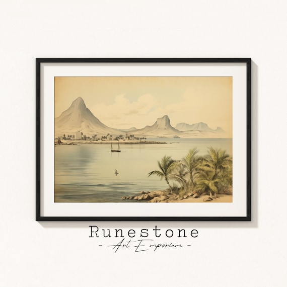 Vintage Tropical Bay Sailboat Palm Shore Sepia Coastal Wall Art