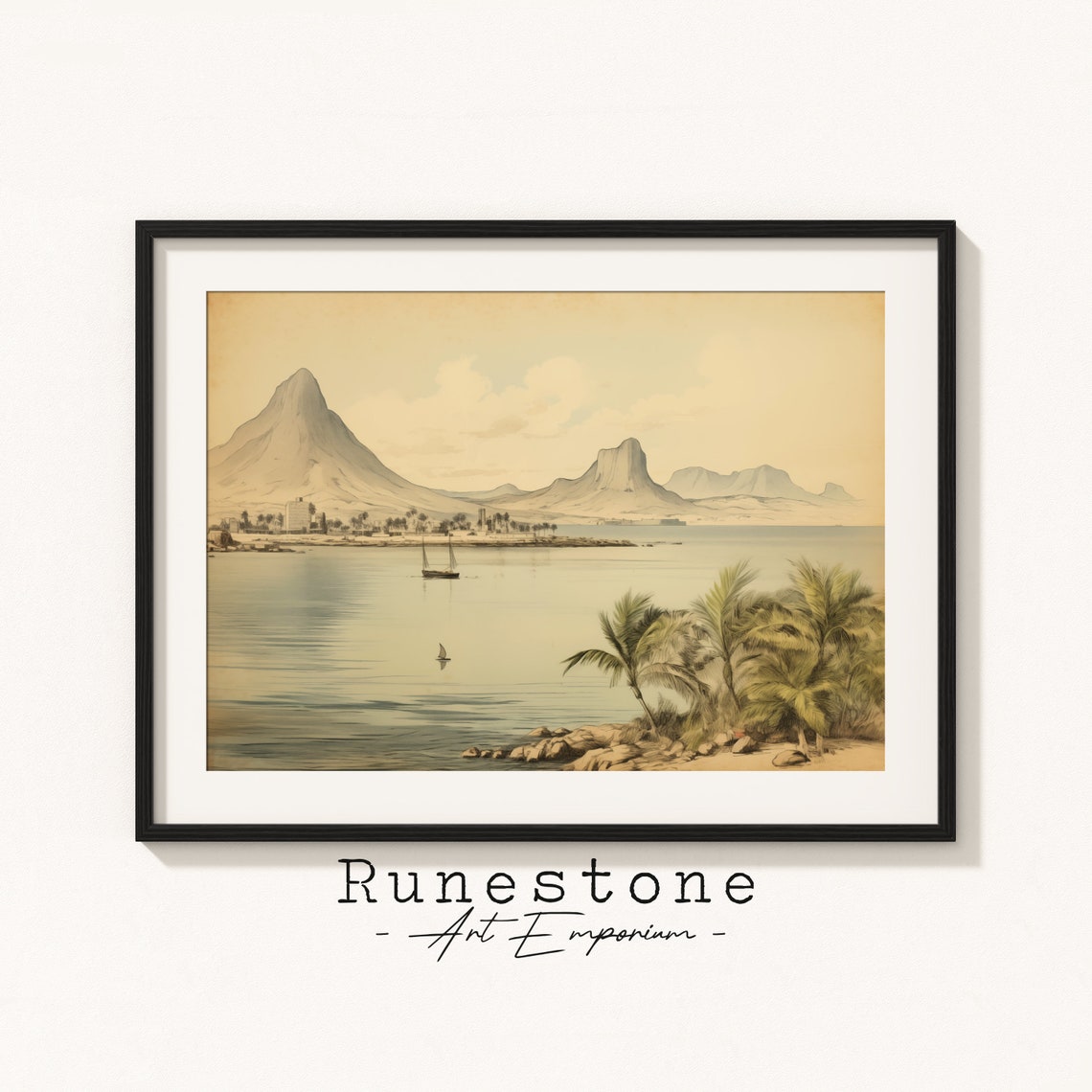 Vintage Tropical Bay Sailboat Palm Shore Sepia Coastal Wall Art