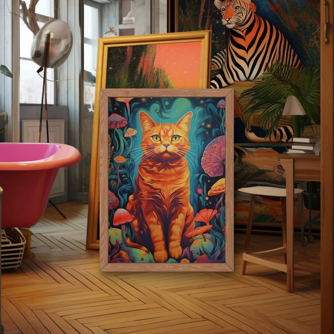 Psychedelic Orange Tabby in a Teal Mushroom Jungle Art Poster