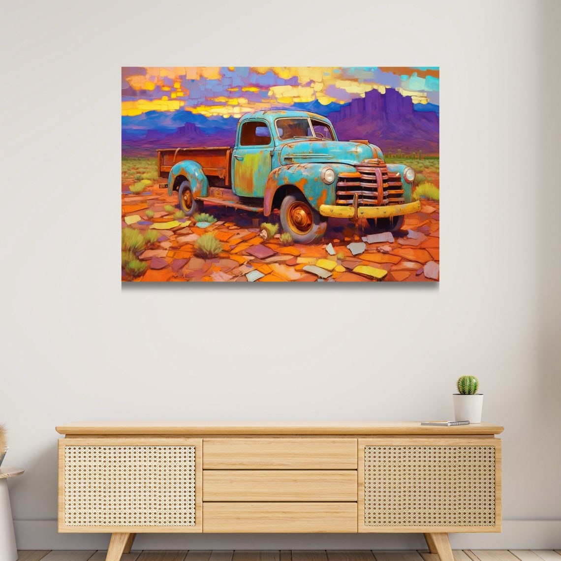 Impressionist Painting Print Truck In The Desert Beautiful Stretched Original Art Landscape Man Cave Bar Art Rustic Style Art - Image 2