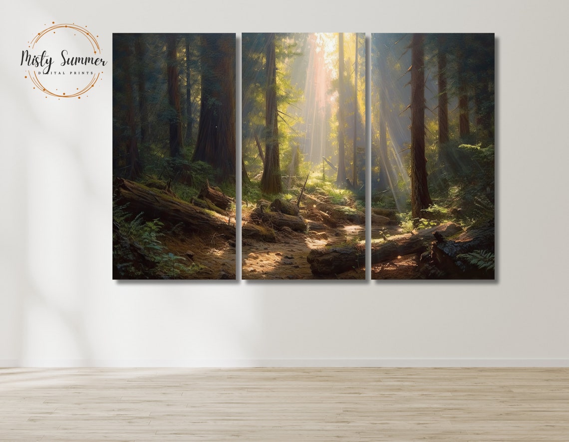Sunbeam Forest Redwood Trees 3 Panel Canvas Triptych Nature Wall Art - Image 2