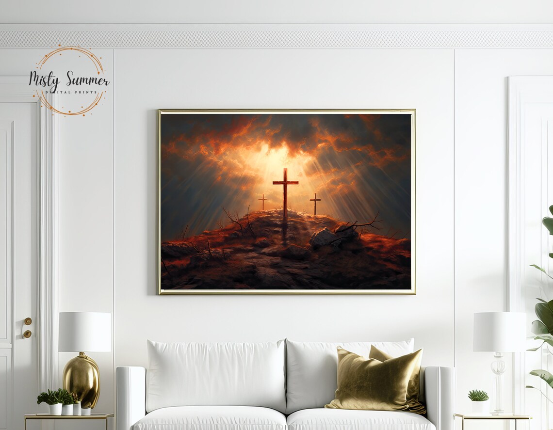 Three Crosses on Calvary Hill Dramatic Heavenly Light Christian Art Print - Image 2