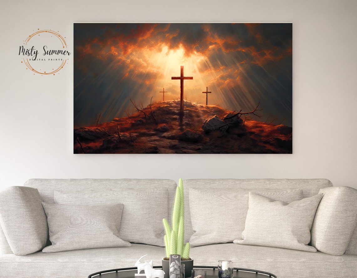 Three Crosses on Calvary Hill Dramatic Heavenly Light Christian Art Print - Image 3
