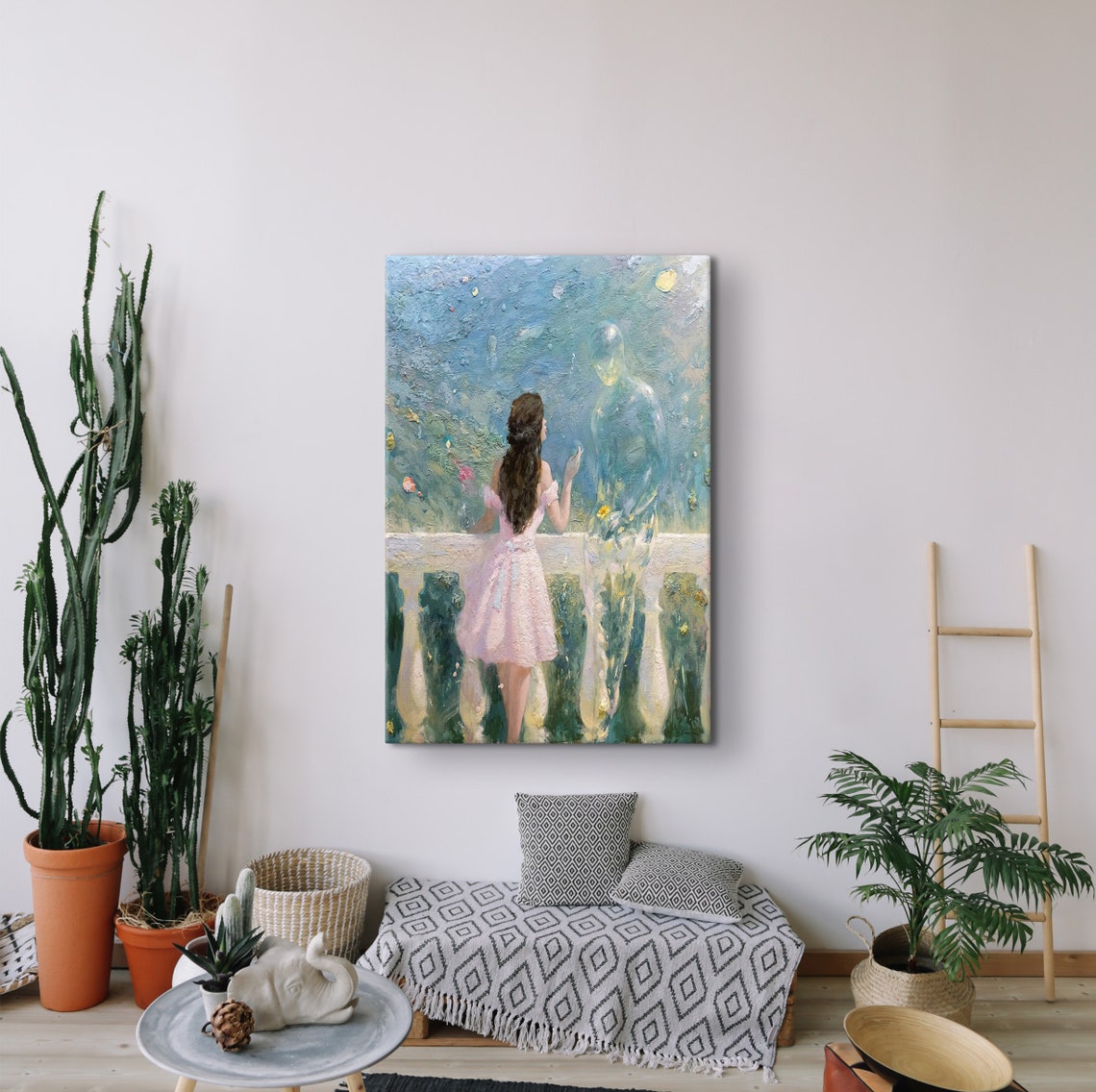 Young Woman Meeting a Ghostly Soulmate on a Balcony Art Poster - Image 2