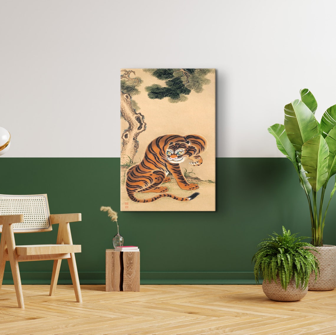 Japanese Tiger Cleaning Paw Beneath Pine Tree Vintage Style Poster - Image 3