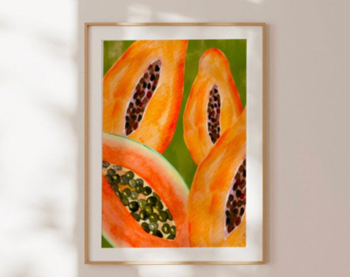 Tropical Papaya Watercolor Fruit Kitchen Summer Vibrant Art Poster