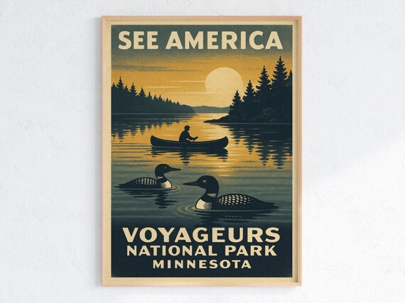 Voyageurs National Park Minnesota Vintage WPA Style Lake Canoe Poster