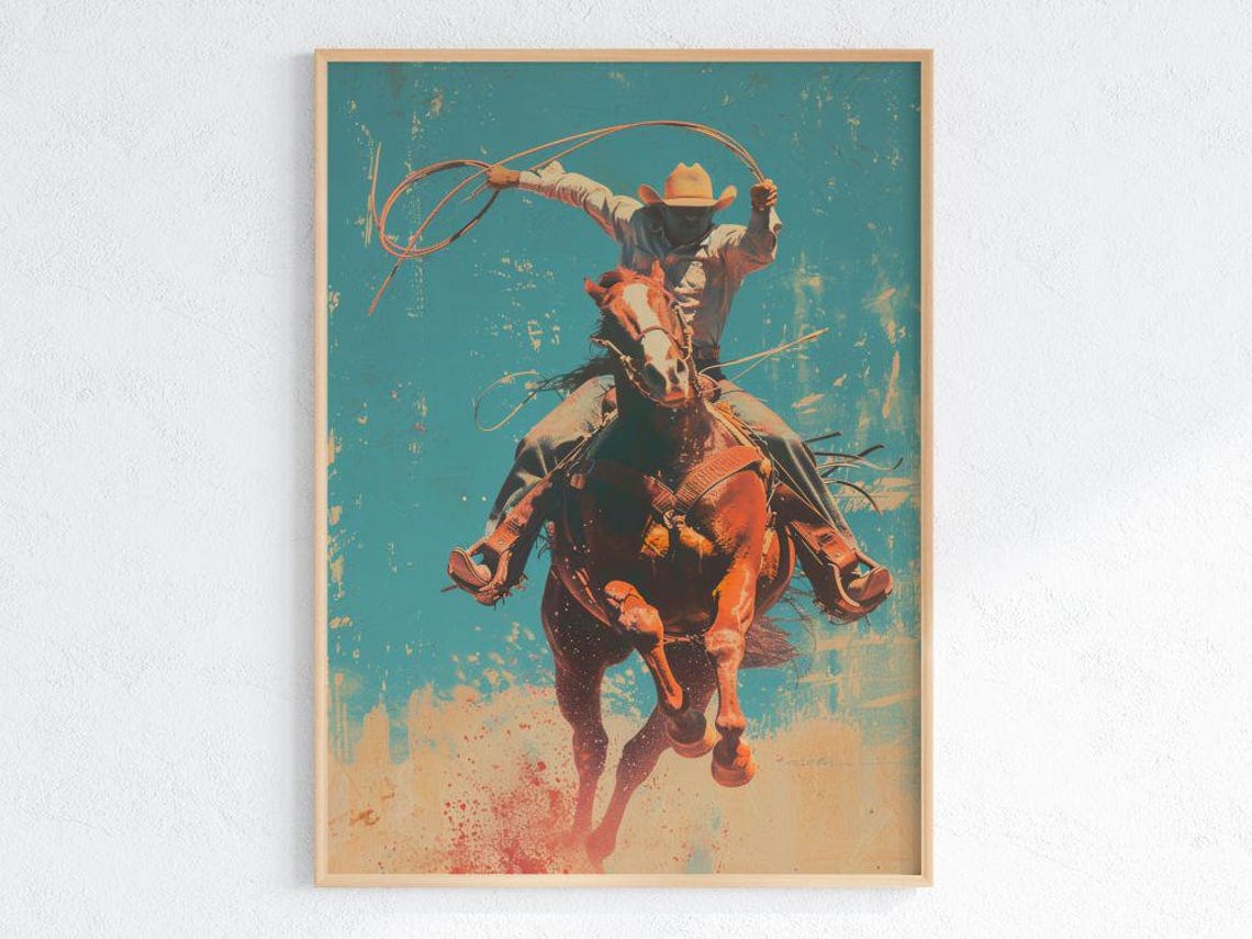 Cowboy Lasso Riding Rearing Horse Vintage Rodeo Western Poster