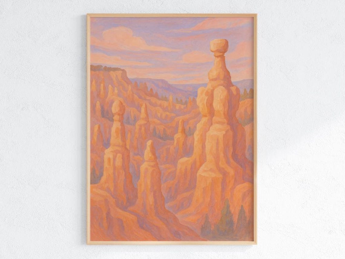 Orange Hoodoo Rock Spires Canyon Sunset Landscape Painting Poster