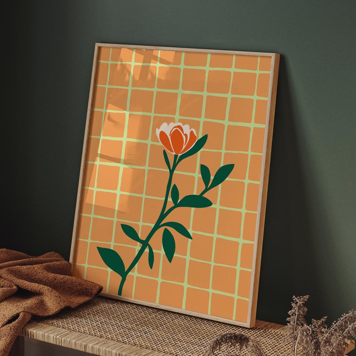 Retro Orange Flower Pop Art Poster on Warm Checkered Grid Background - Image 6