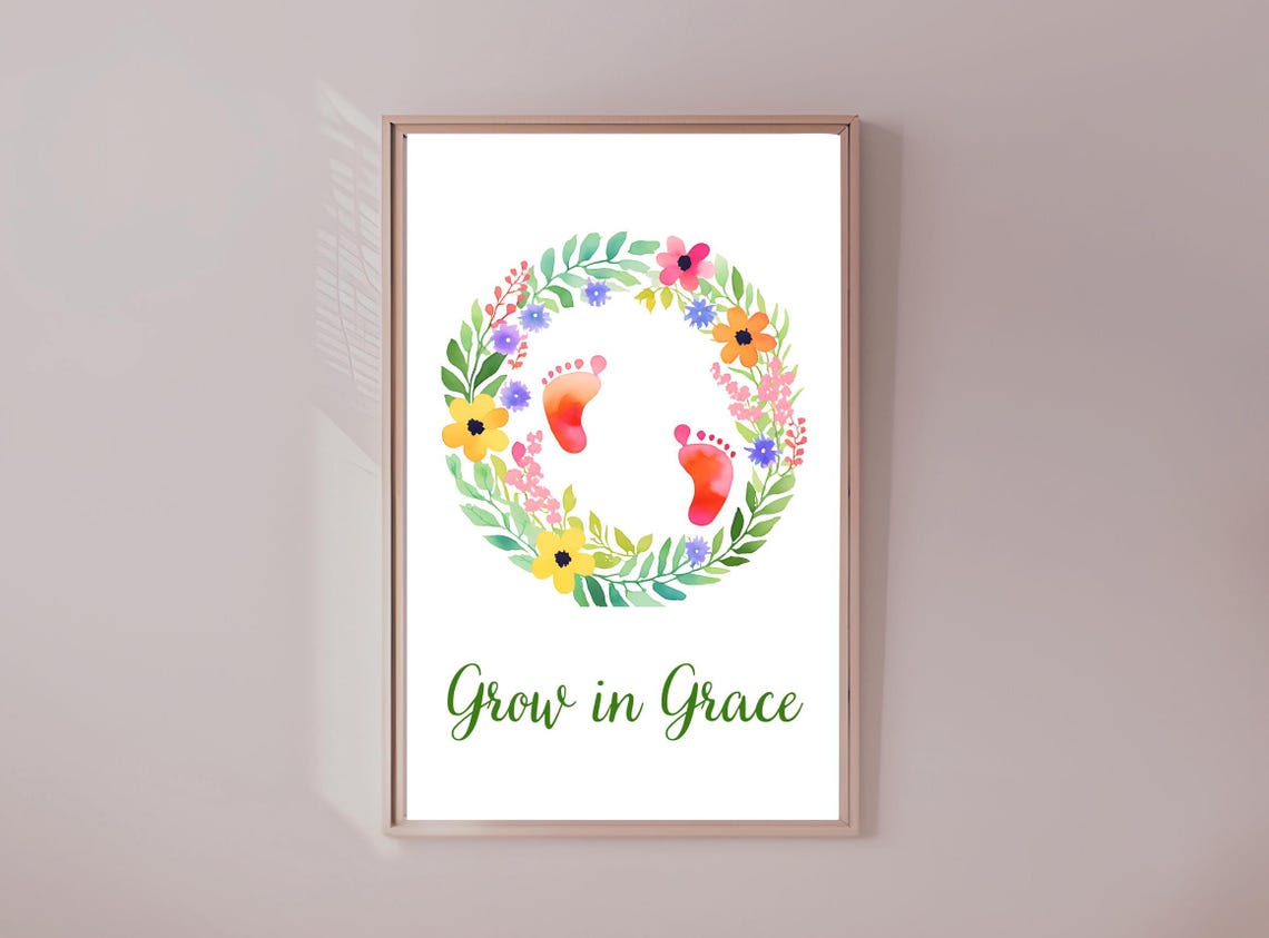 Grow in Grace Baby Footprint Watercolor Nursery Quote Poster - Image 2