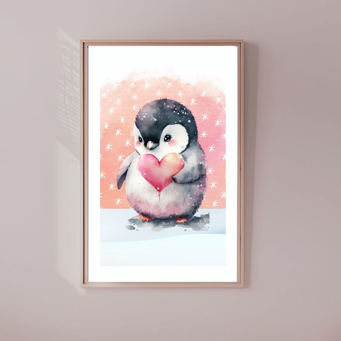 Cute Baby Penguin Holding Heart Winter Watercolor Nursery Print - Image 2