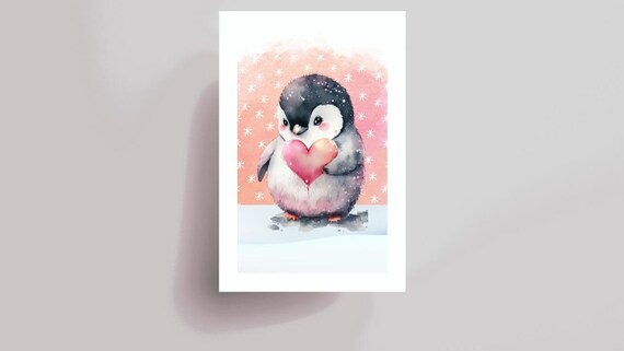 Cute Baby Penguin Holding Heart Winter Watercolor Nursery Print