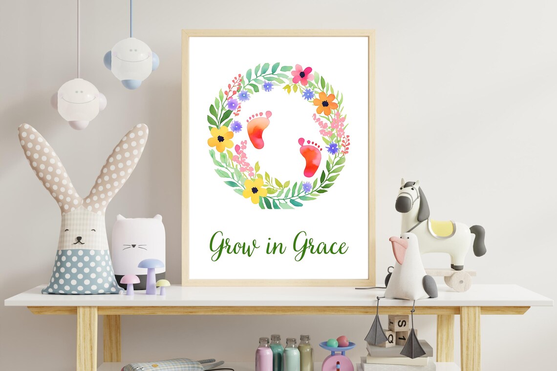 Grow in Grace Baby Footprint Watercolor Nursery Quote Poster - Image 3