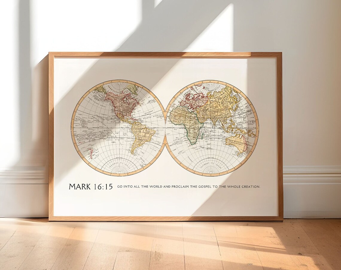 Mark 16:15 Vintage World Map Christian Wall Art