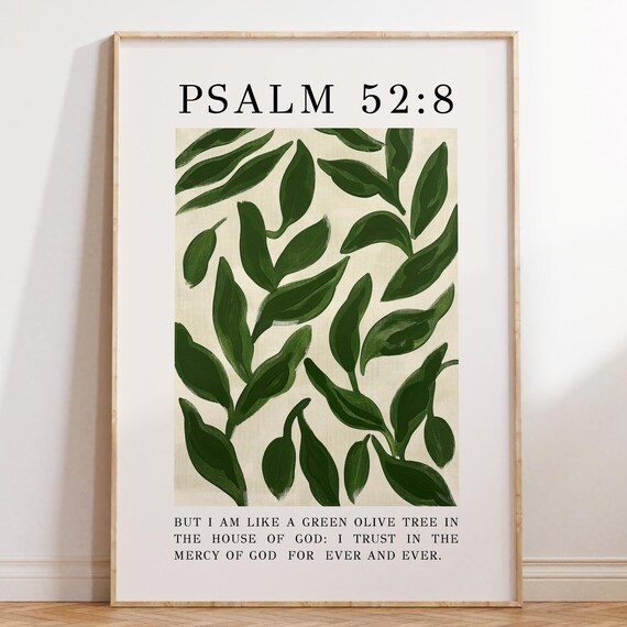 Psalm 52 8 Green Olive Tree Painting Floral Botanical Bible Verse Poster