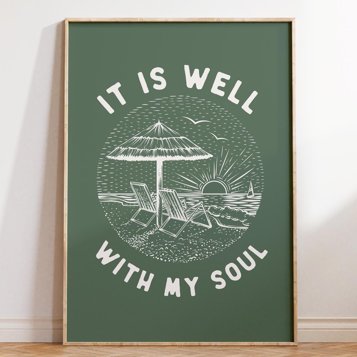 It Is Well With My Soul Beach Scene Retro Coastal Green Art Poster