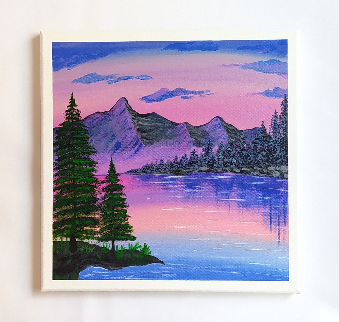 Pink Sunset Mountain Lake Pine Trees Reflection Night Painting Print