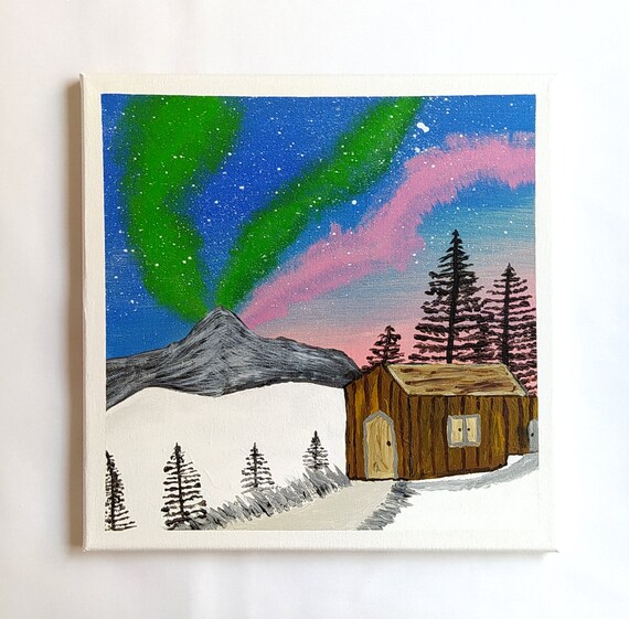 Winter Night Cottage Aurora Pine Tree Mountain Landscape Scenery Nature Painting On Wall Art Dcor Housewarming Gift