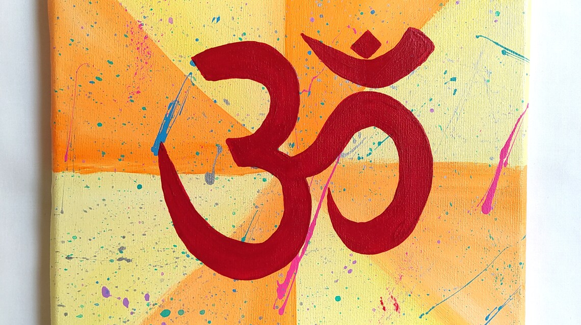 Red Om Aum Symbol Yellow Orange Abstract Splatter Zen Meditation Wall Art - Image 3