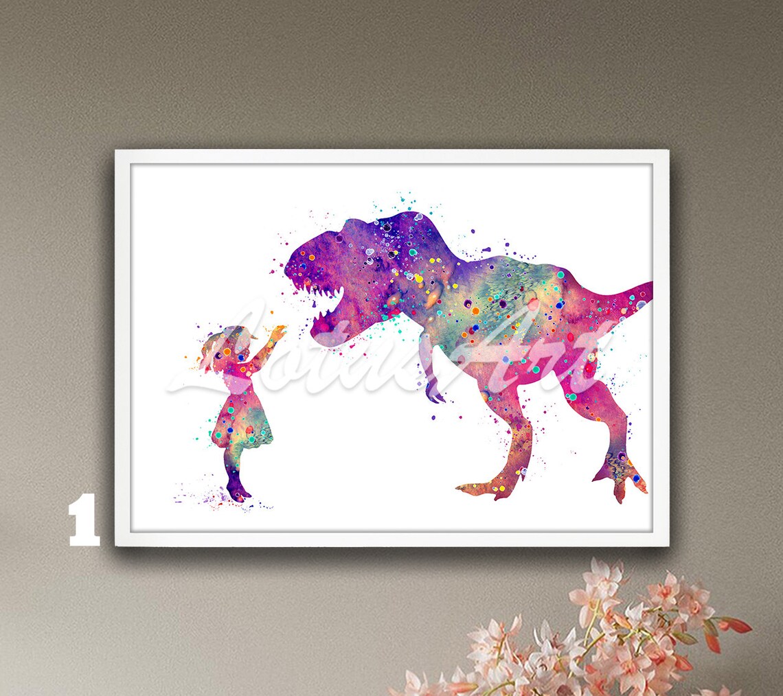 Girl And Dinosaur Watercolor Nursery Kids Art Print
