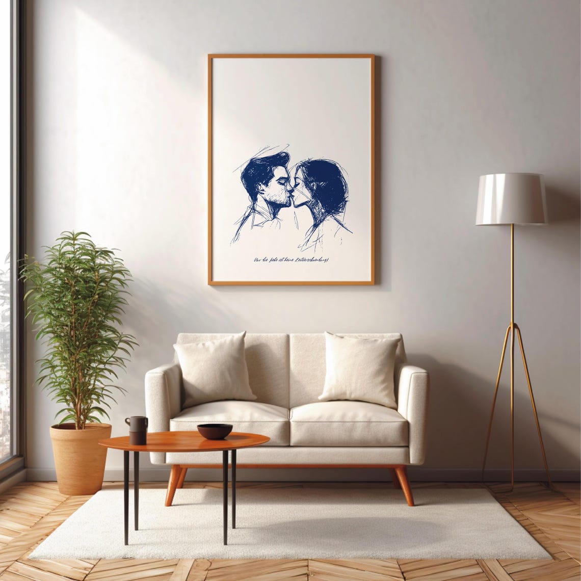 Blue Ink Kiss Sketch Romantic Couple German Quote Art Poster - Image 4