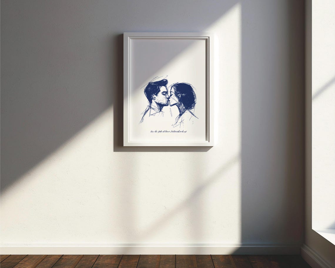 Blue Ink Kiss Sketch Romantic Couple German Quote Art Poster - Image 3