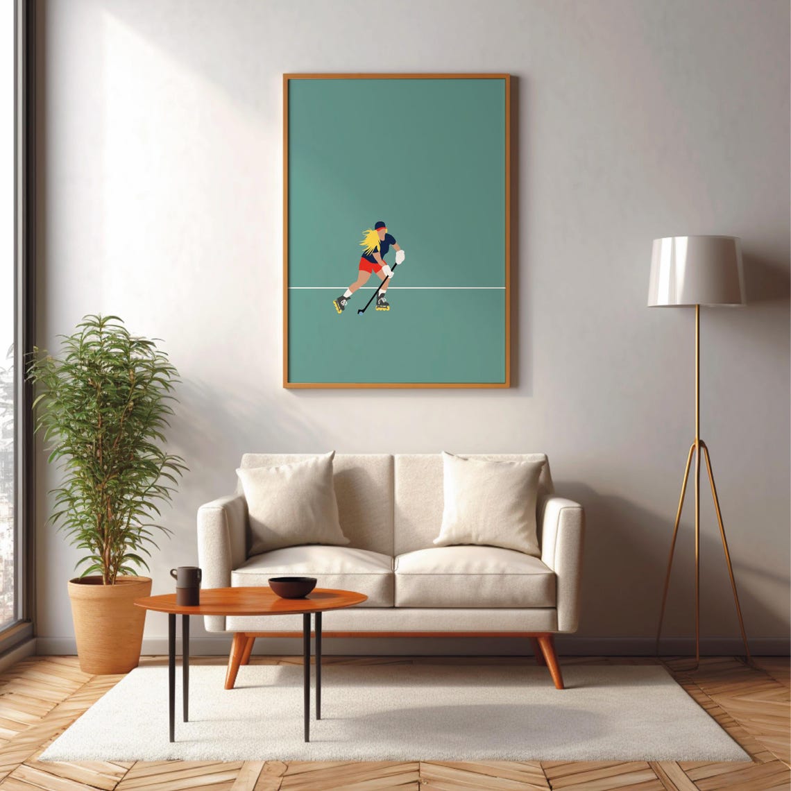 Female Roller Hockey Player Gliding Across Teal Sports Art Poster - Image 3