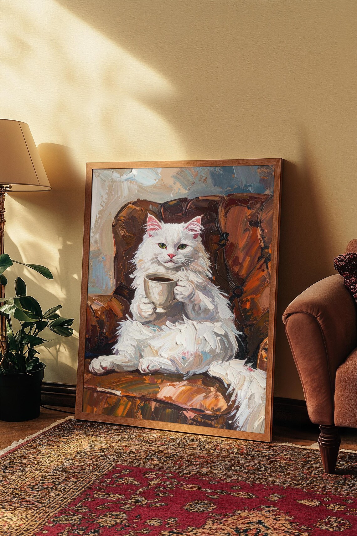 Fluffy White Cat with Coffee Cup in Armchair Funny Oil Painting Poster