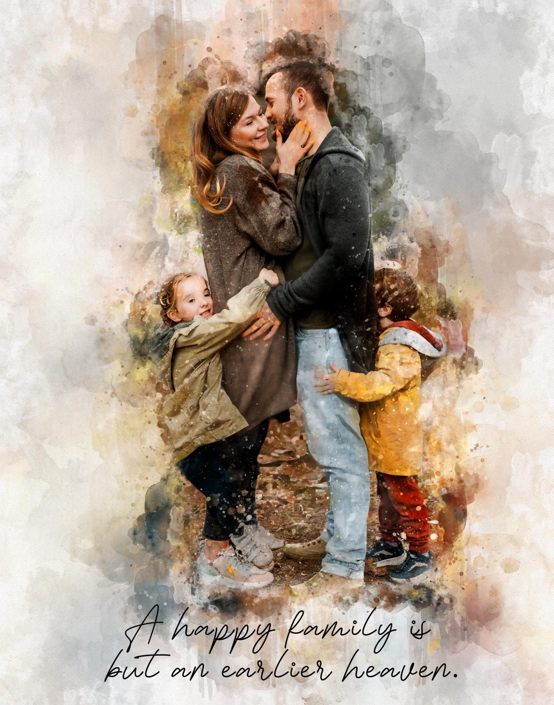 A Happy Family Is Heaven Watercolor Autumn Family Portrait Poster - Image 3