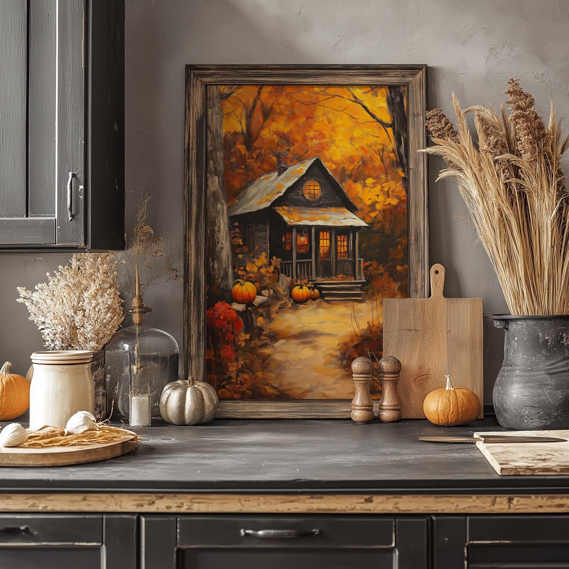 Cozy Autumn Cabin Fall Forest Glowing Windows Pumpkin Art Print - Image 3