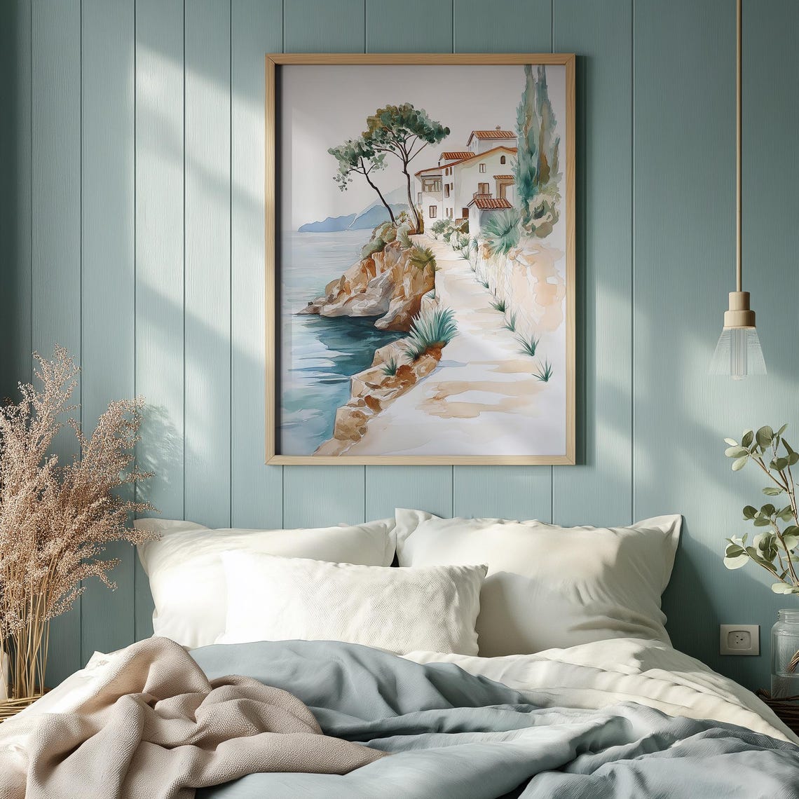 Sunlit Cliffside Villa Over Turquoise Water Coastal Decor Wall Art - Image 2