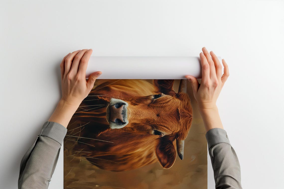 Brown Cow Portrait in Autumn Field Painterly Animal Art Print - Image 2
