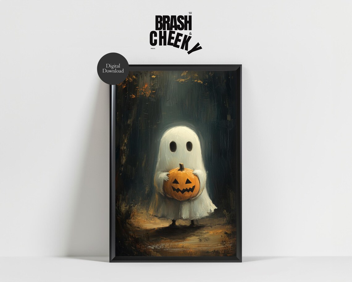 Cute Ghost Holding A Pumpkin Ghost Holding A Carved Pumpkin Print Ghost Wall Art Cute Halloween Wall Decor